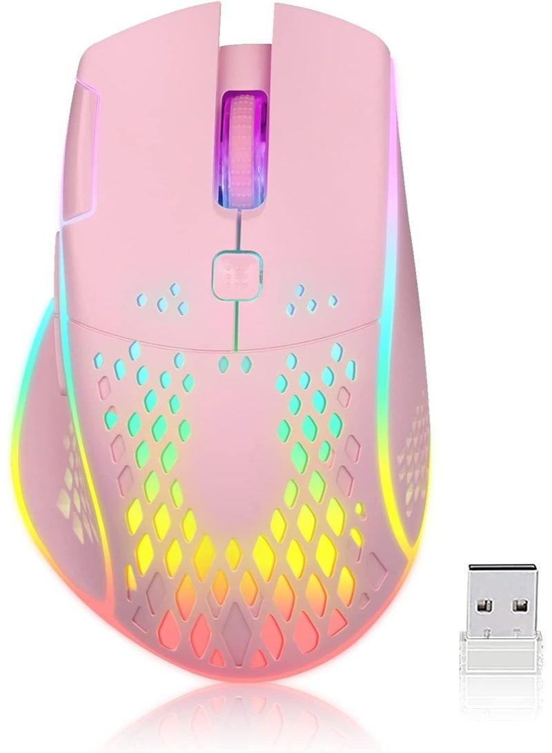 ماوس ألعاب لاسلكي، ماوس قابل لإعادة الشحن بنقرة صامتة مع أضواء LED ملونة ودرجة دقة 2400/1600/1000 DPI للابتوب والكمبيوتر (C30 وردي) - Image 1